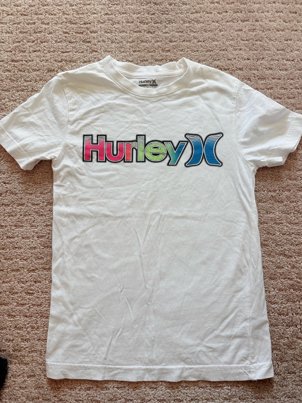 Hurley White Tee with Pink, Green and Blue Logo